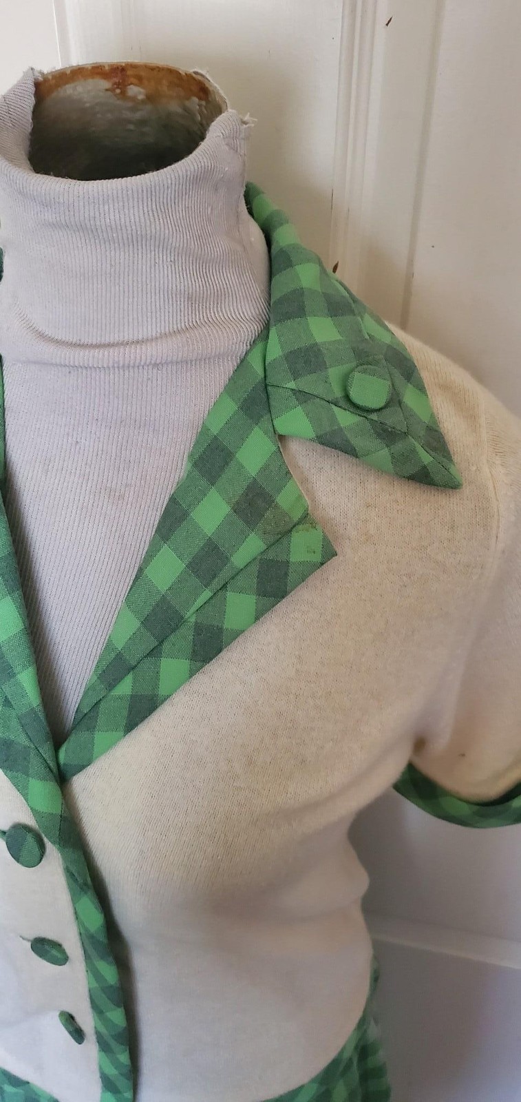 Vintage 50s Two Piece Checked Sweater Skirt Set Green Gray Orlon Wool B36