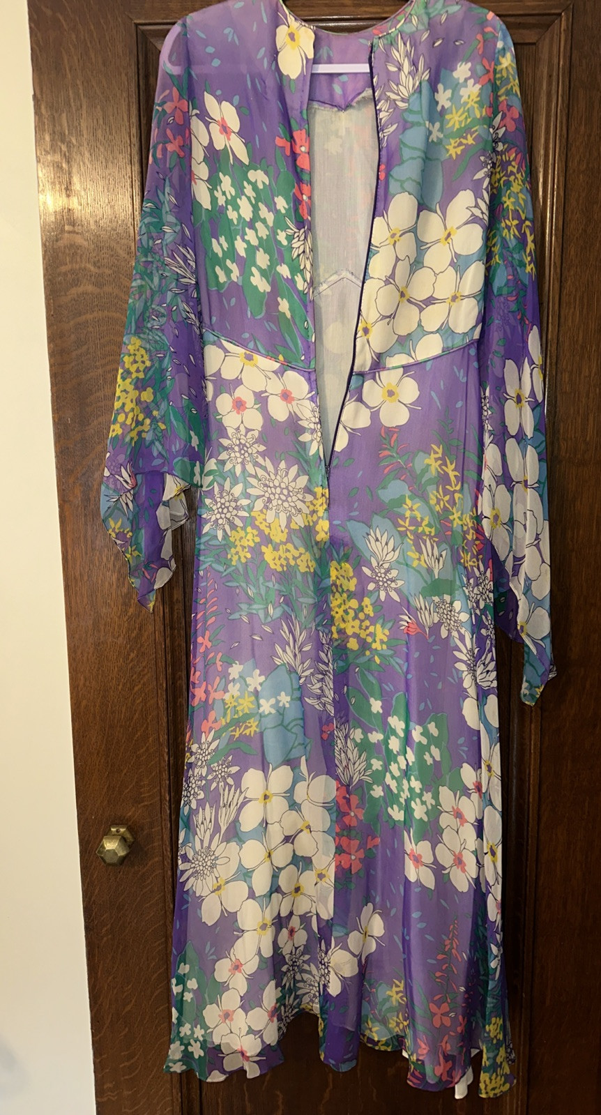 Vintage 60s 70s Parues Feinstein Flowy Flower Purple Long Dress Floral Sheer