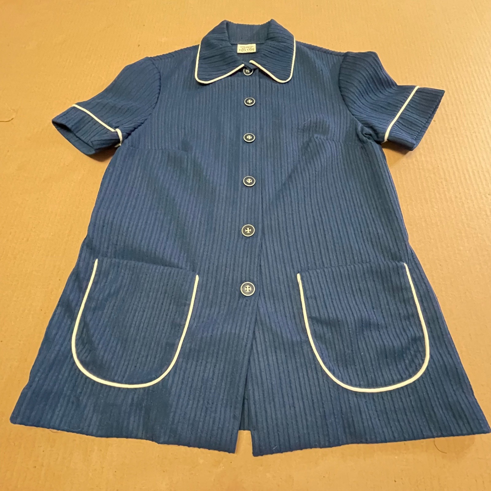 Vintage 1970s Cos Cob Women’s Small Navy Textured Knit Mod Piped Tunic Jacket