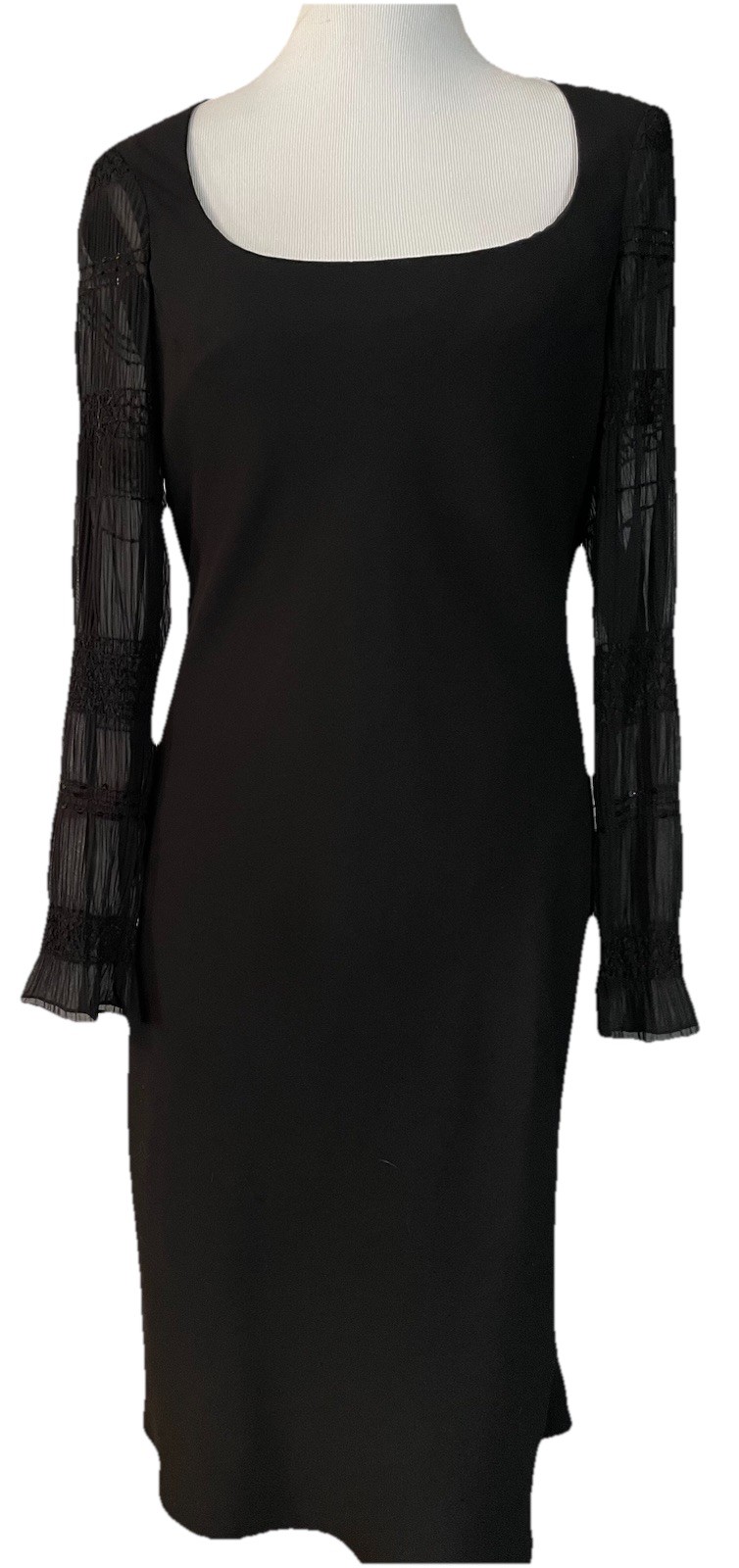 70s Jones NY Black Chiffon Dress 12 Long Crinkled Sleeve Cocktail Classic Goth