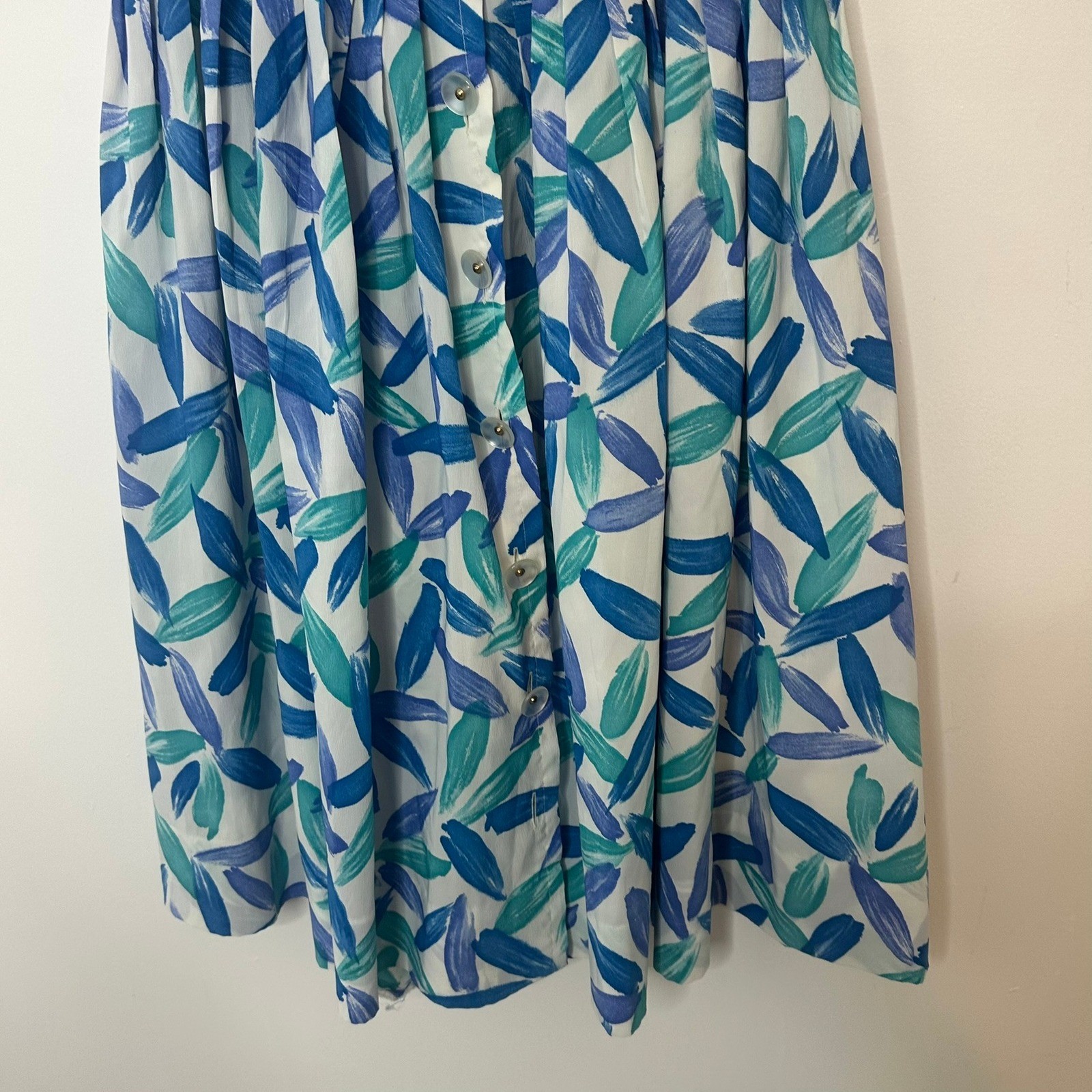 Vintage 80’s Floral Shirt Dress Women 6 Blue Teal Leaf Print Vintage Knee Length