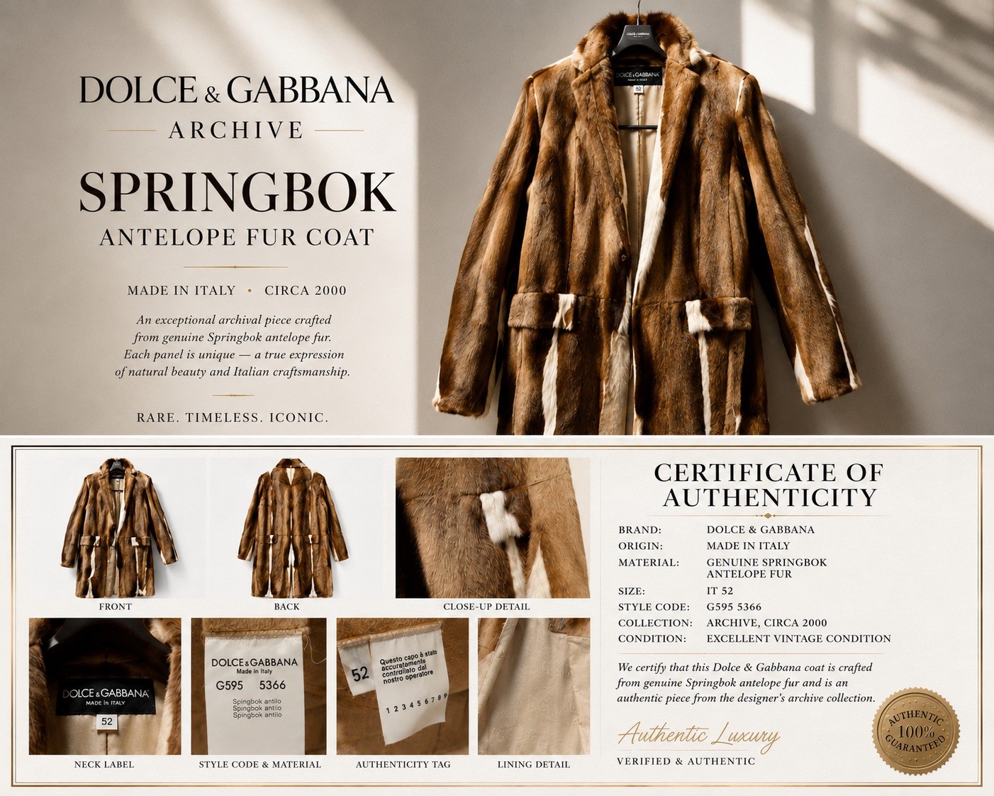 Rare Dolce & Gabbana Archive Springbok Antelope Fur Coat IT 52 Made in Italy