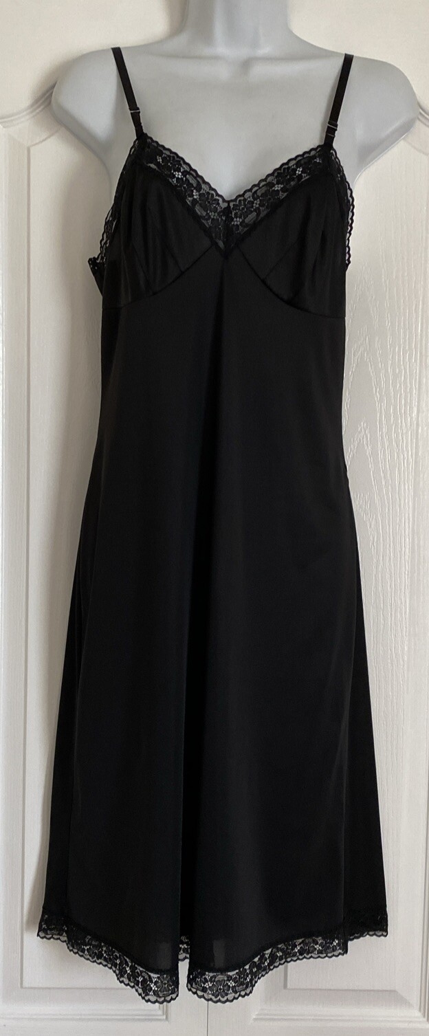 Vintage VANITY FAIR Black Silky Nylon w/ Lace Full Slip Lingerie 32L – Free Ship
