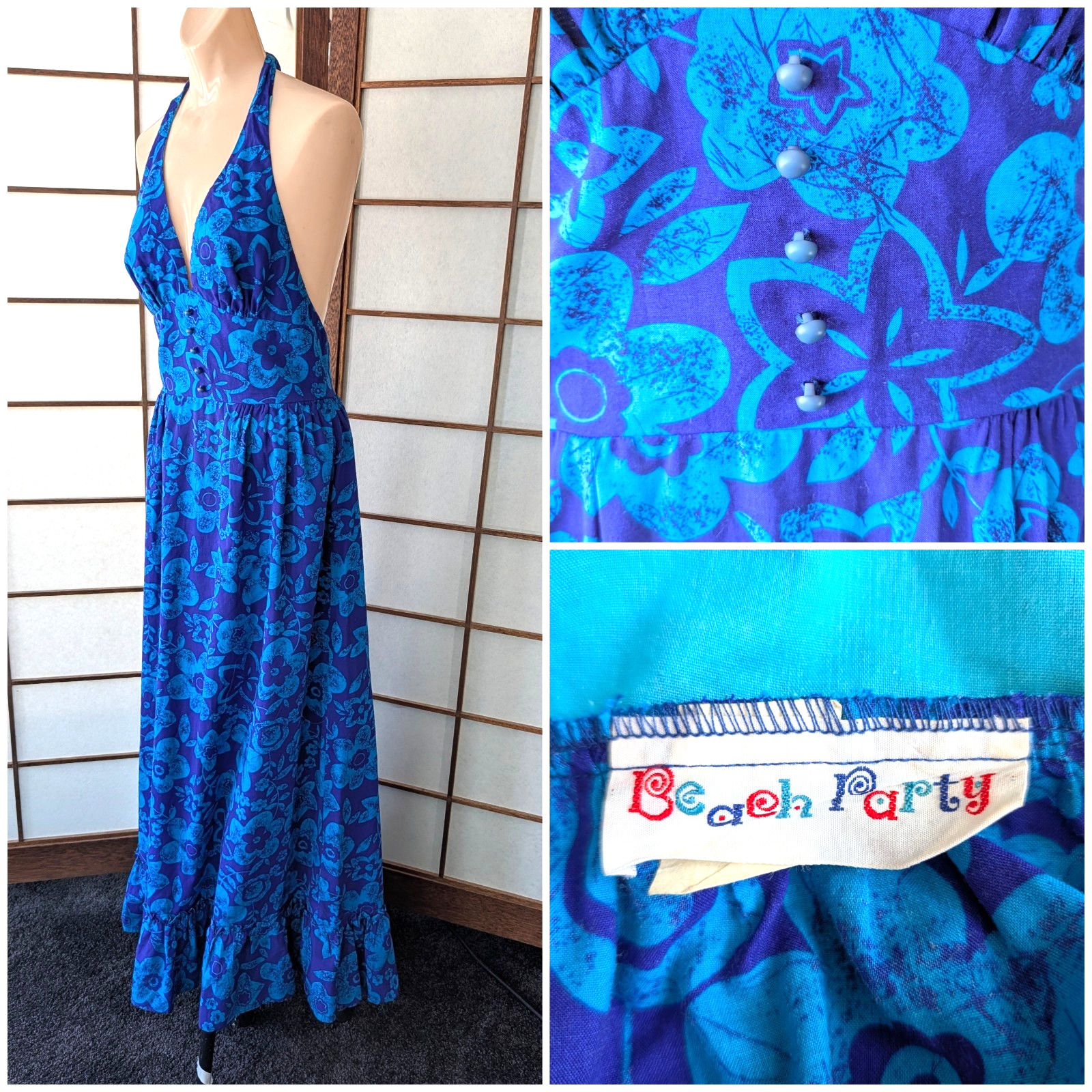 Vintage Beach Party ’60S ’70S Halter Maxi Dress S/M Hawaiian Print