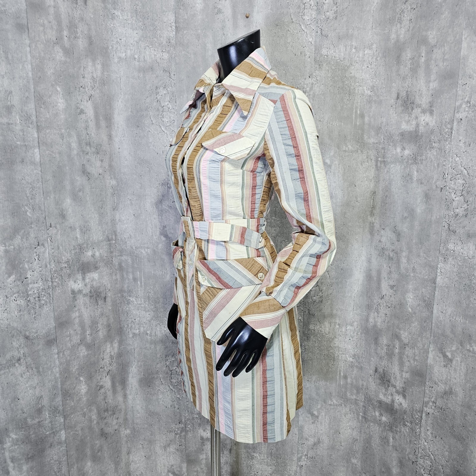 Vintage 70s Mindy Malone Striped Belted Shirt Dress ILGWU Union Made Mod USA