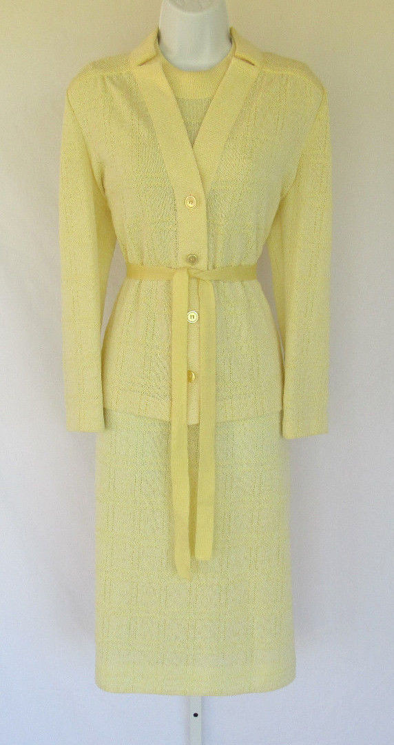 VINTAGE 1960s TANNEL KNITS DRESS & JACKET SZ 14YELLOW BELT POLY COTTON BLEND?