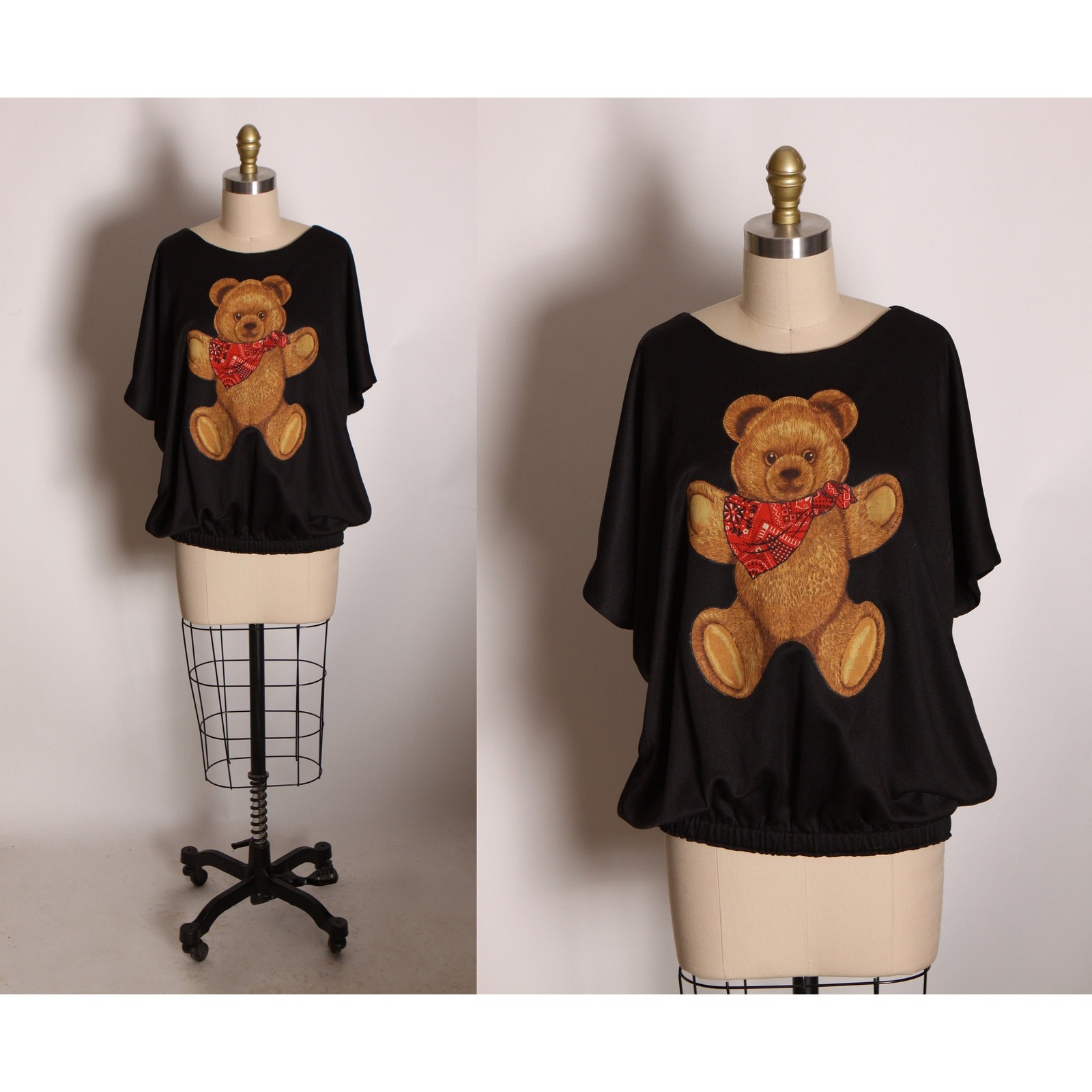 1970s Black Brown Red Short Sleeved Draped Western Bandana Teddy Bear Blouse