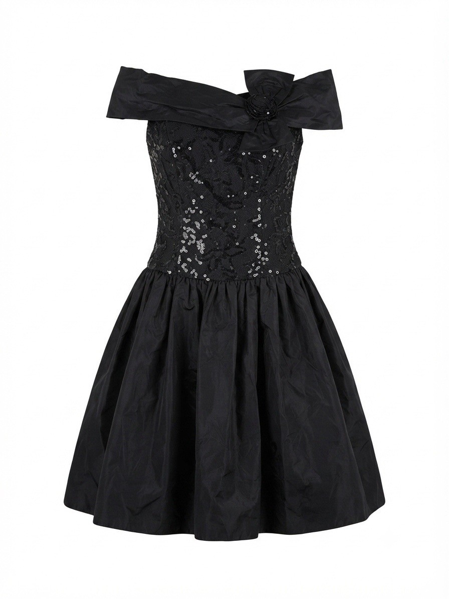 VTG 80 Jessica McClintock Gunne Sax Black Sequin Party Dress 13 Bow Off Shoulder