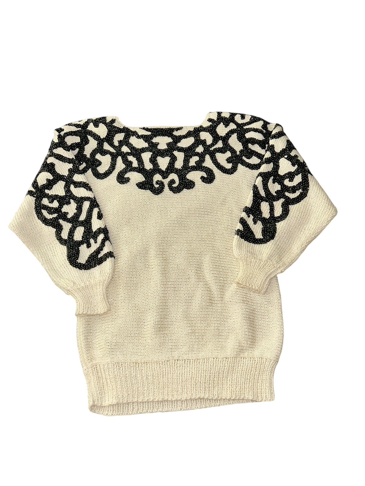 Vtg 80s Nannell Sequins Appliqué Embellished Knit Sweater Size S/M Black Ivory
