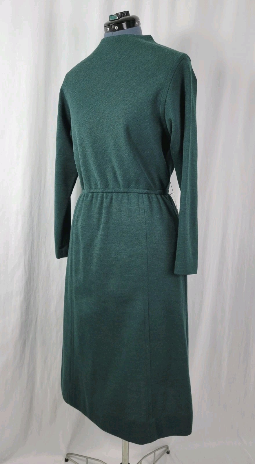 Vintage Tanner Green Wool Blend Blouson Dress w Elastic Waist Size 14