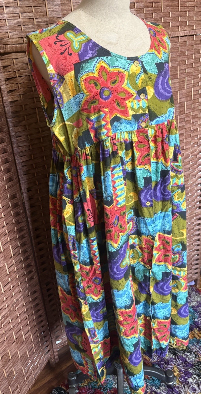 Vintage Sita Bright Floral Psychedelic Oversized Mumu House Dress Kaftan Medium
