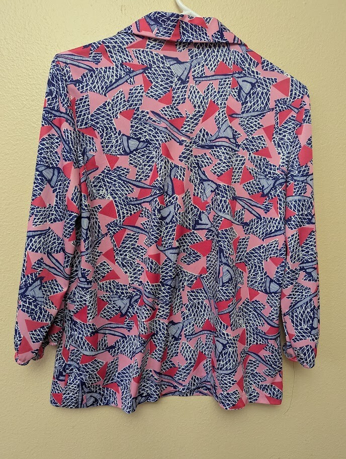 Vintage 70s Haband for Her Collared Geometric Long Sleeve Blouse Top Small Blue
