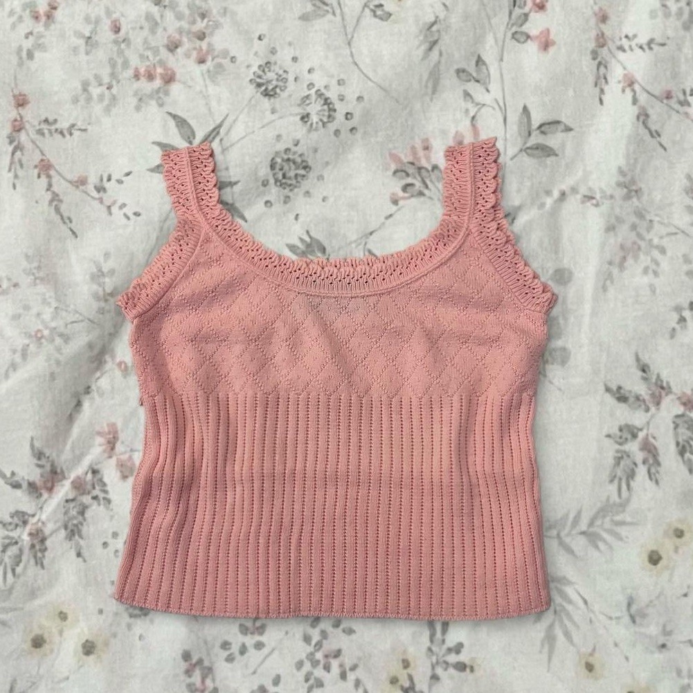 Vintage 90s Pc Knitwear Tank Top Pontielle Cotton Pink Cropped Knit Made in USA