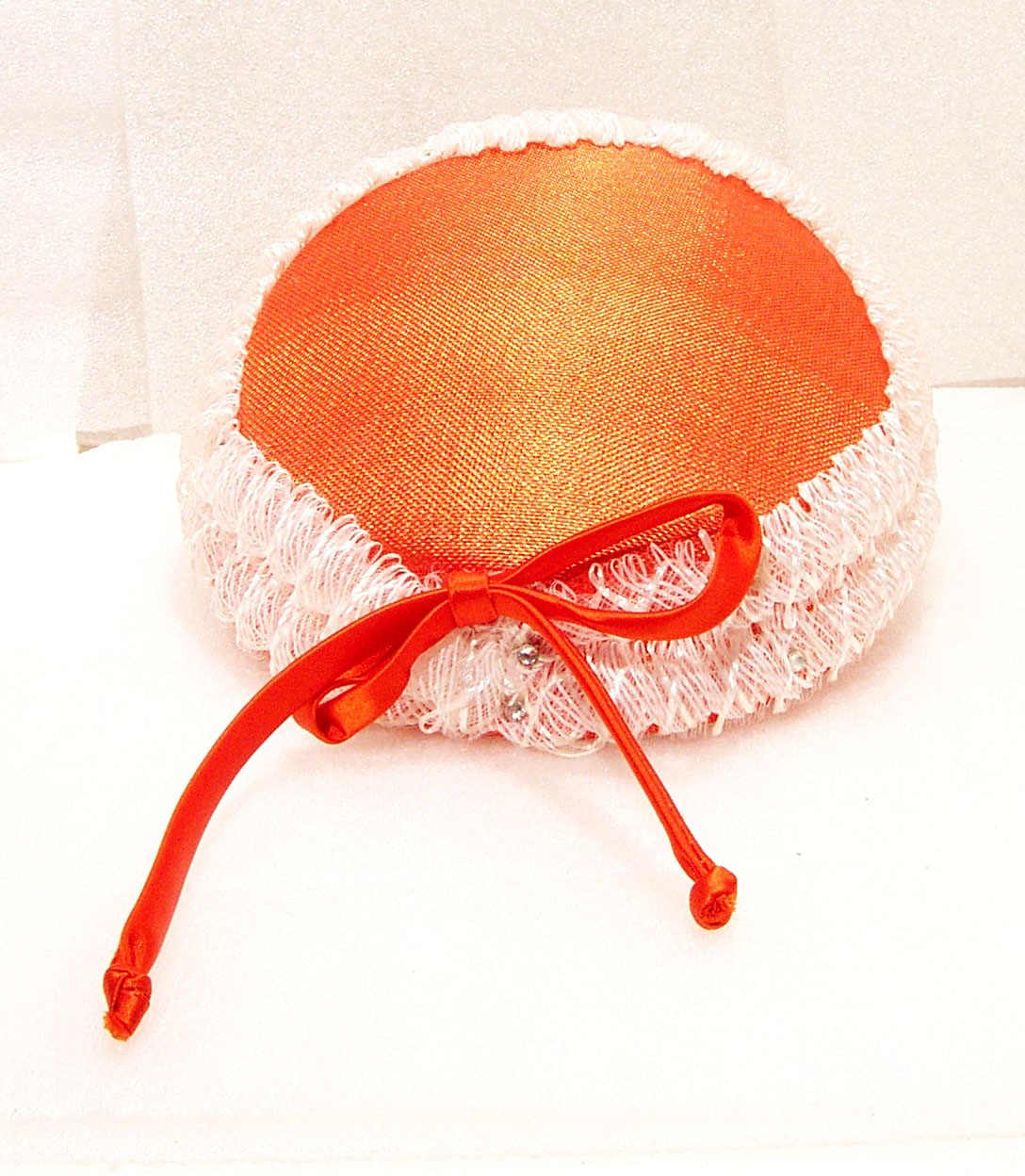 Orange Hat /White Trim with Rhinestones Side Prongs Satin Tie Bow Vintage 50’s