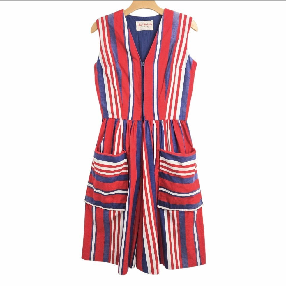Maison Mendessolle Sports Vtg 60s Playsuit Medium Red White Blue Stripes Cotton