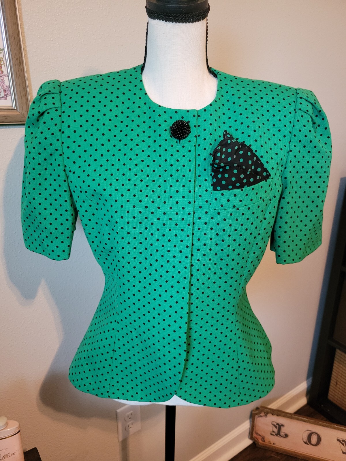 50s Style Jacket Green w/ Black Dots, Shortsleeve Button By Kasper for ASL Sz 4P