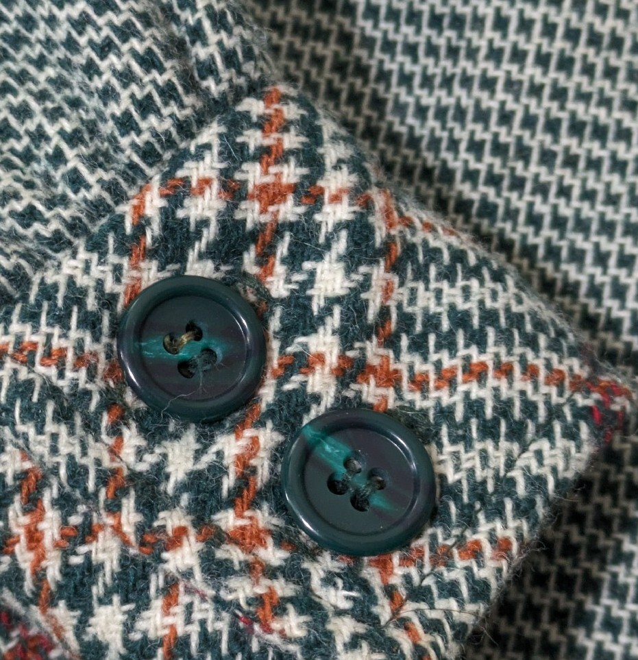 Vintage College Town Green Houndstooth Wool Blend Coat Size Small 1970s 1960s