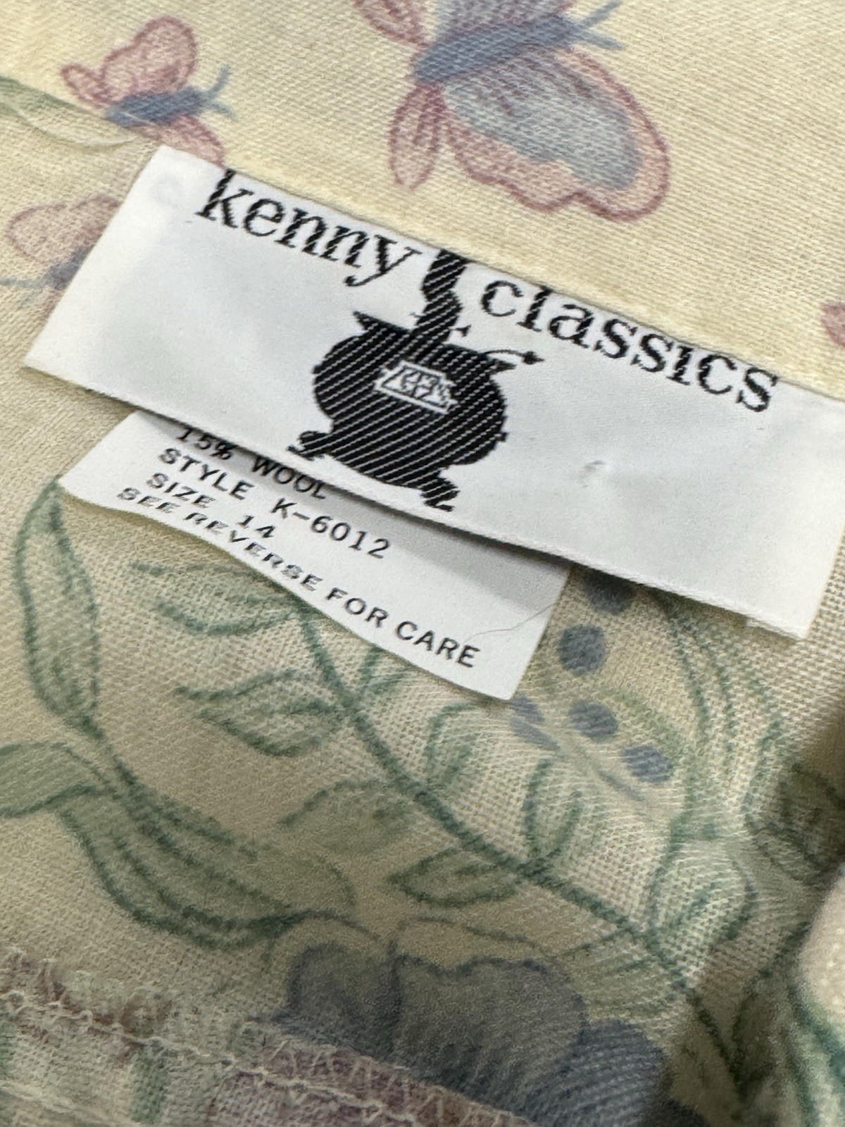 Vintage Kenny Classics 14 Poly Wool Blend Ivory Floral Butterflies AOP Dress