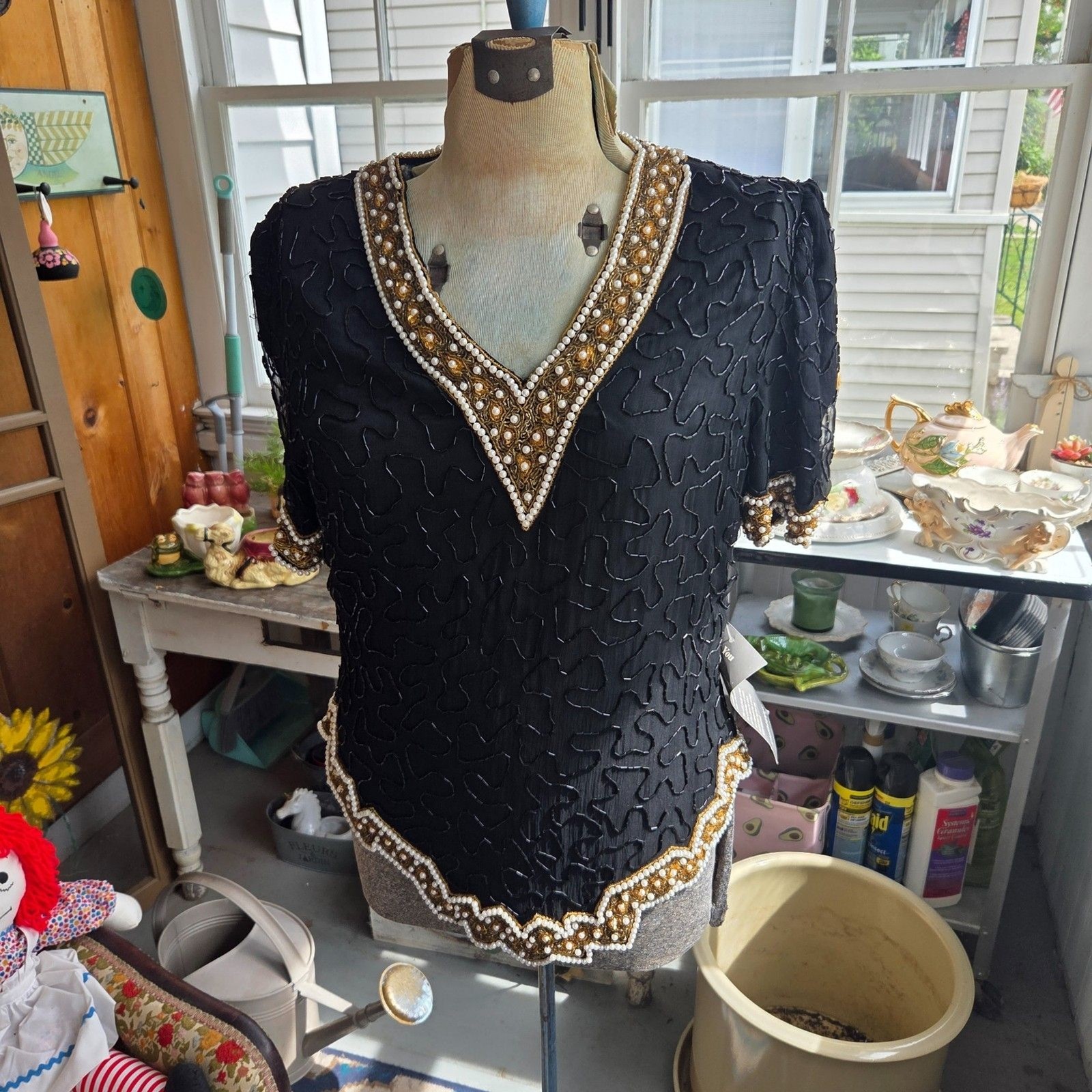 NWT Vintage 80s Laurence Kazar Vintage Top, Beaded With Pearls Silk Size Medium