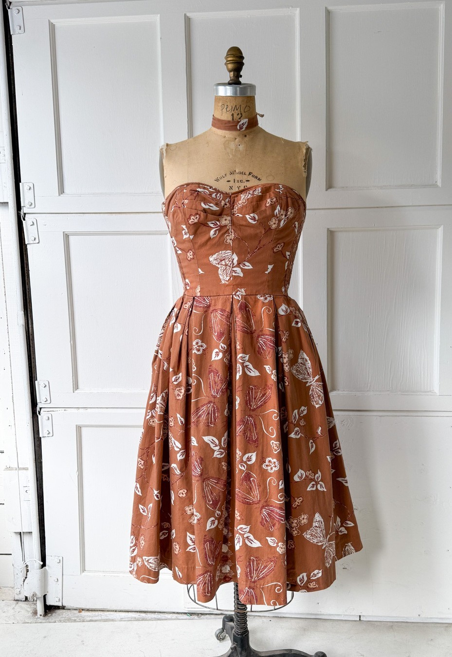 Vtg 50s Kahala Hawaiian Butterfly Moth Halter Strapless Pin-Up Dress Full Skirt