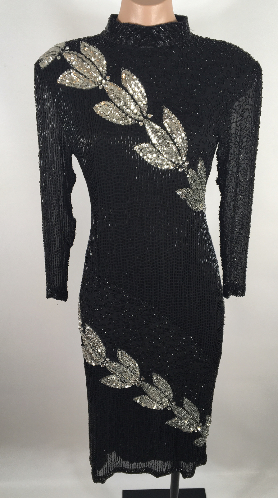 80s Silk Sequin Cut Out Dress Floral Beaded Long Sleeve By Sho Max sz M