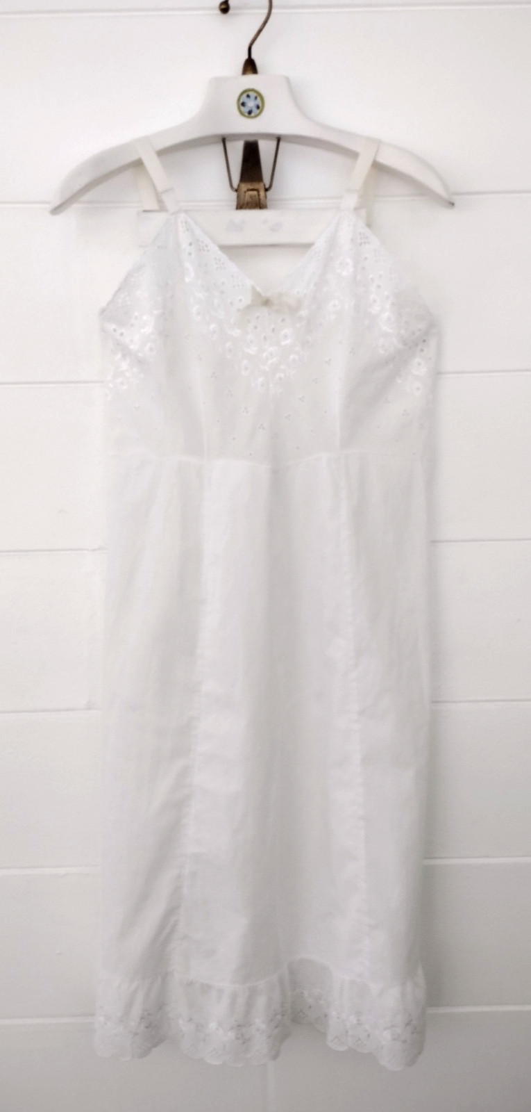 Vtg 50s Stones Wear Full Slip Dress White Cotton Eyelet Floral Lace Ruffle 38avg