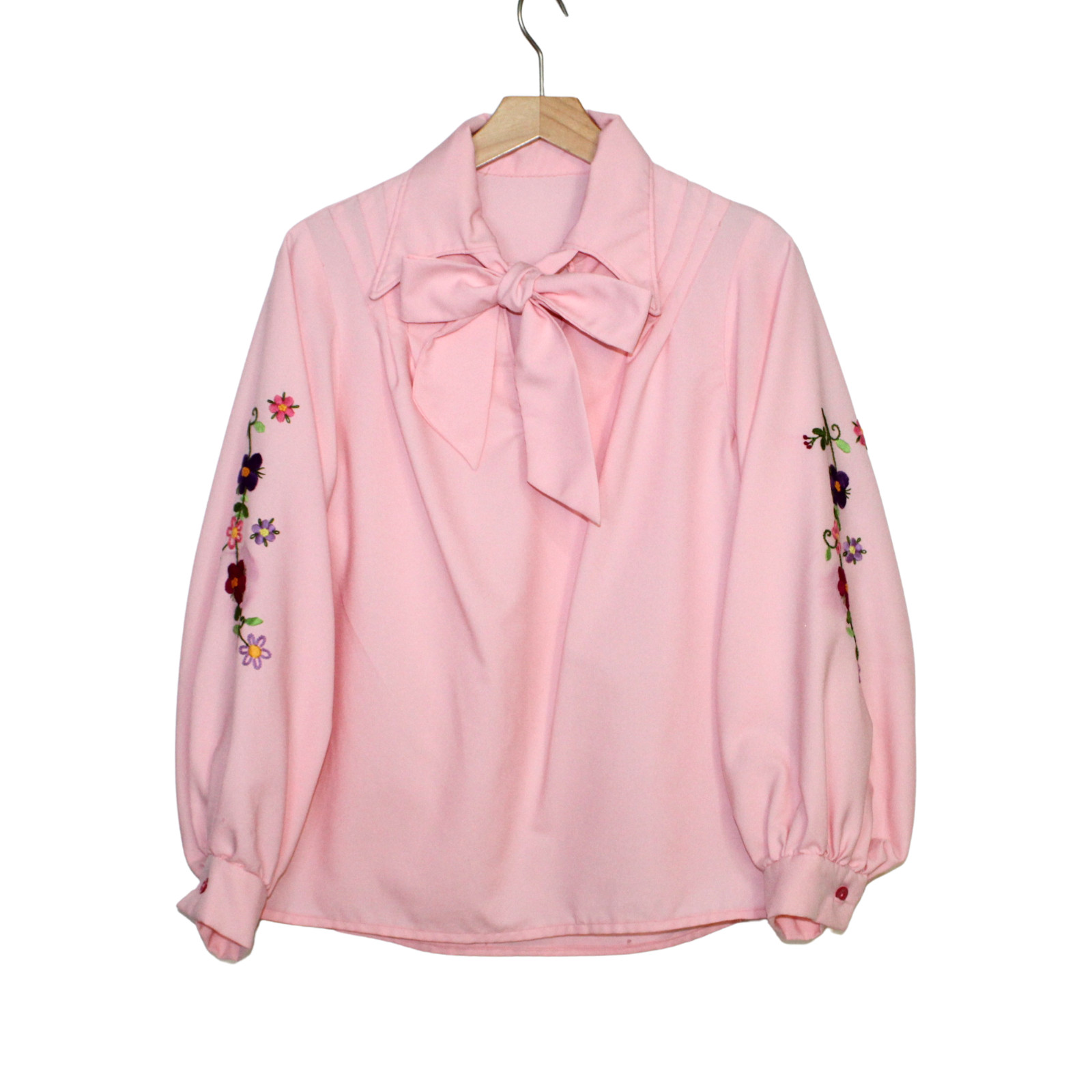 Vintage 70s women’s blouse pink handmade pointed collar floral embroidered