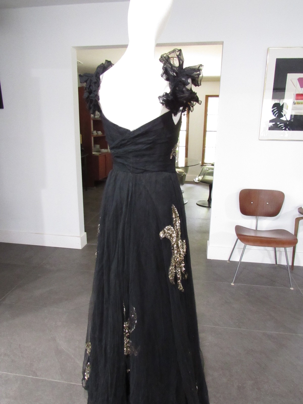 W@W VTG COUTURE 30s 40s formal dress tulle sequins black gold maxi goth witchy M