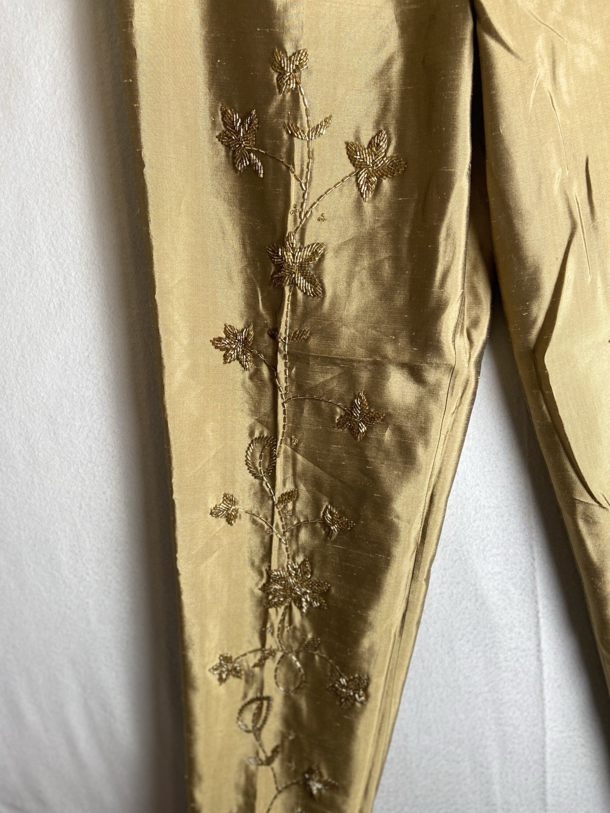 Silkland Womens Pants 6 100% Silk Beaded Floral Cropped Gold Event Occasion