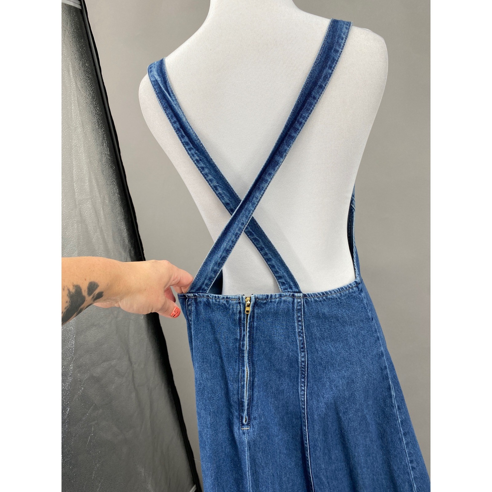 Forenza Denim Pinafore Suspender Skirt Dress Womens 14 Vtg 90s Overall Midi Bibs