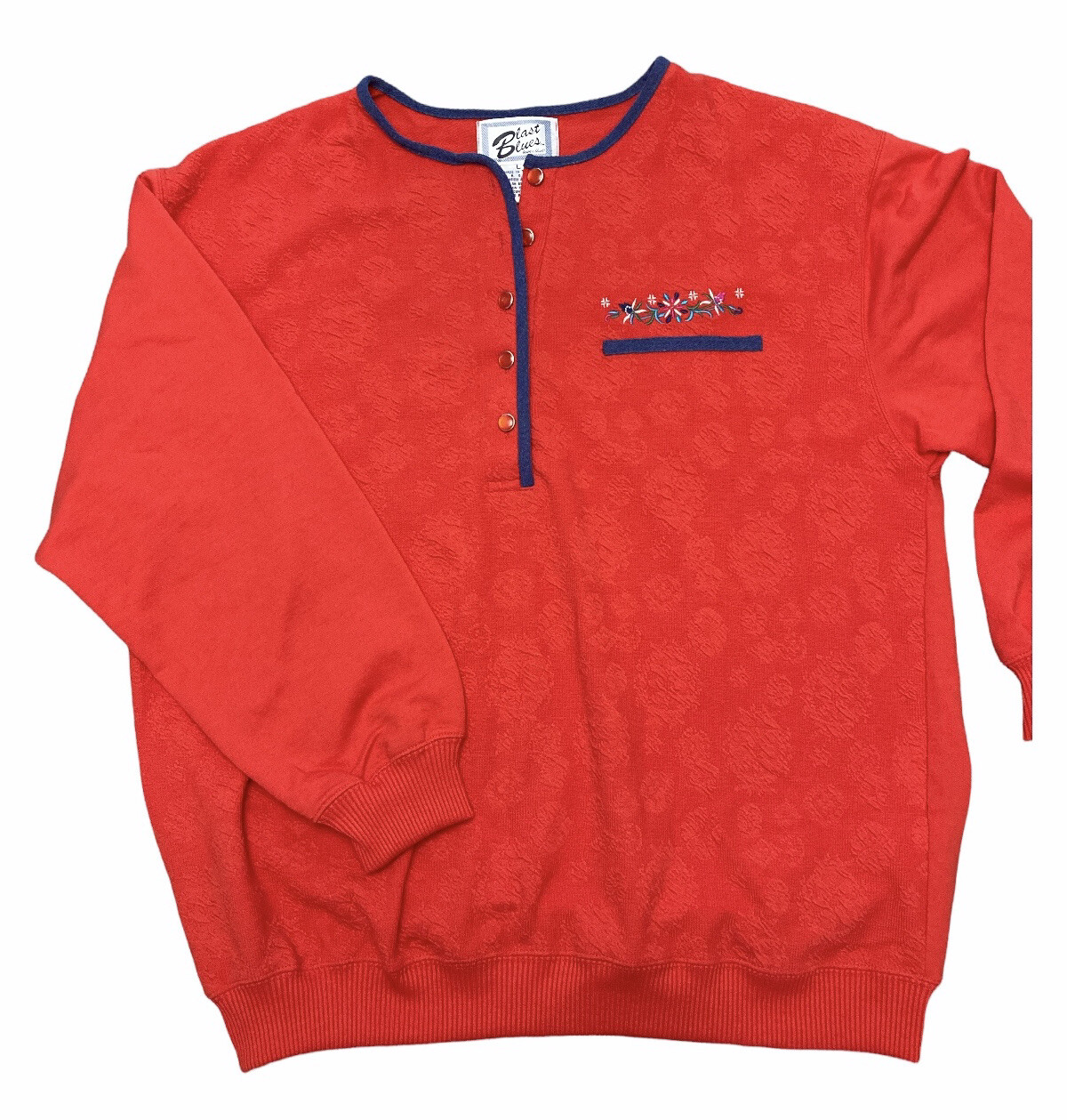 Red Snap Pullover Large Vintage 90s Grandma core Embroidered Flower Blast Blues