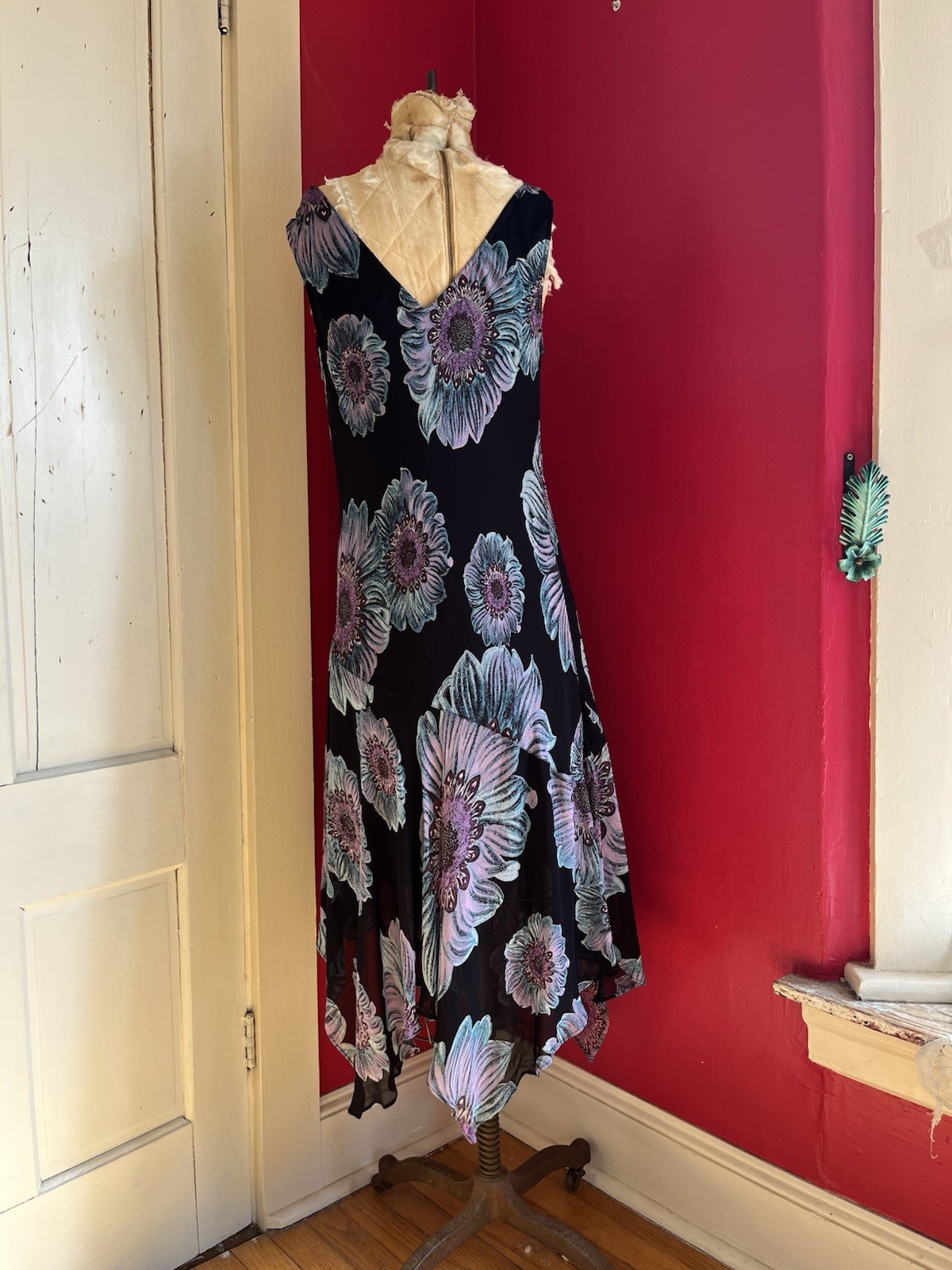 Vintage 1990s Black Chiffon Blue Purple Floral Print Grunge Cowl Neck Dress L