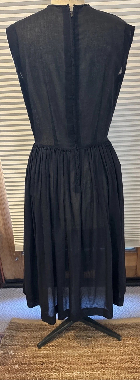 True Vintage 1950’s Black Sheer Cotton Mid Century Dress Pintuck Bodice M