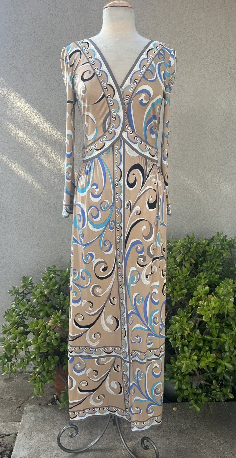Vintage Modern 70s Emilio Pucci Maxi Dress Beige Blue Silk Polyester Sz small