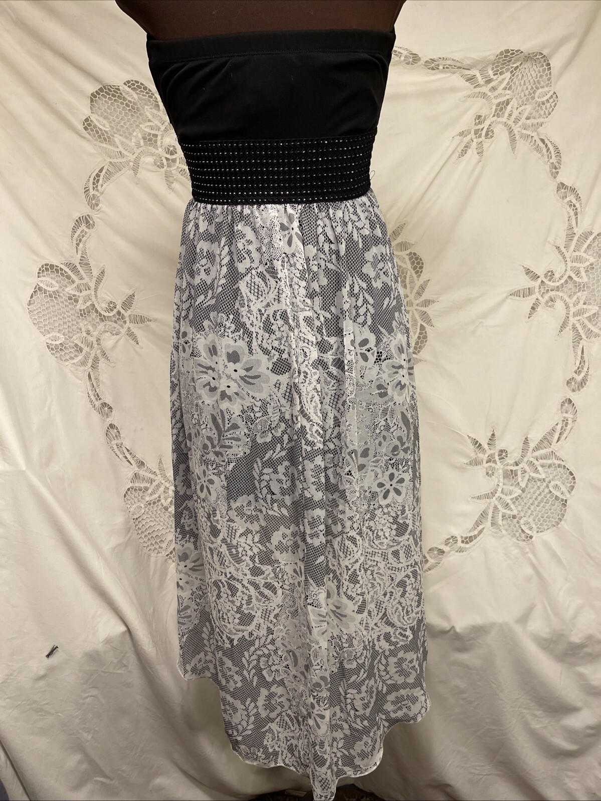 Vintage 90’s Roberta strapless Asymmetrical Hem Black White Sparkle Prom Dress M