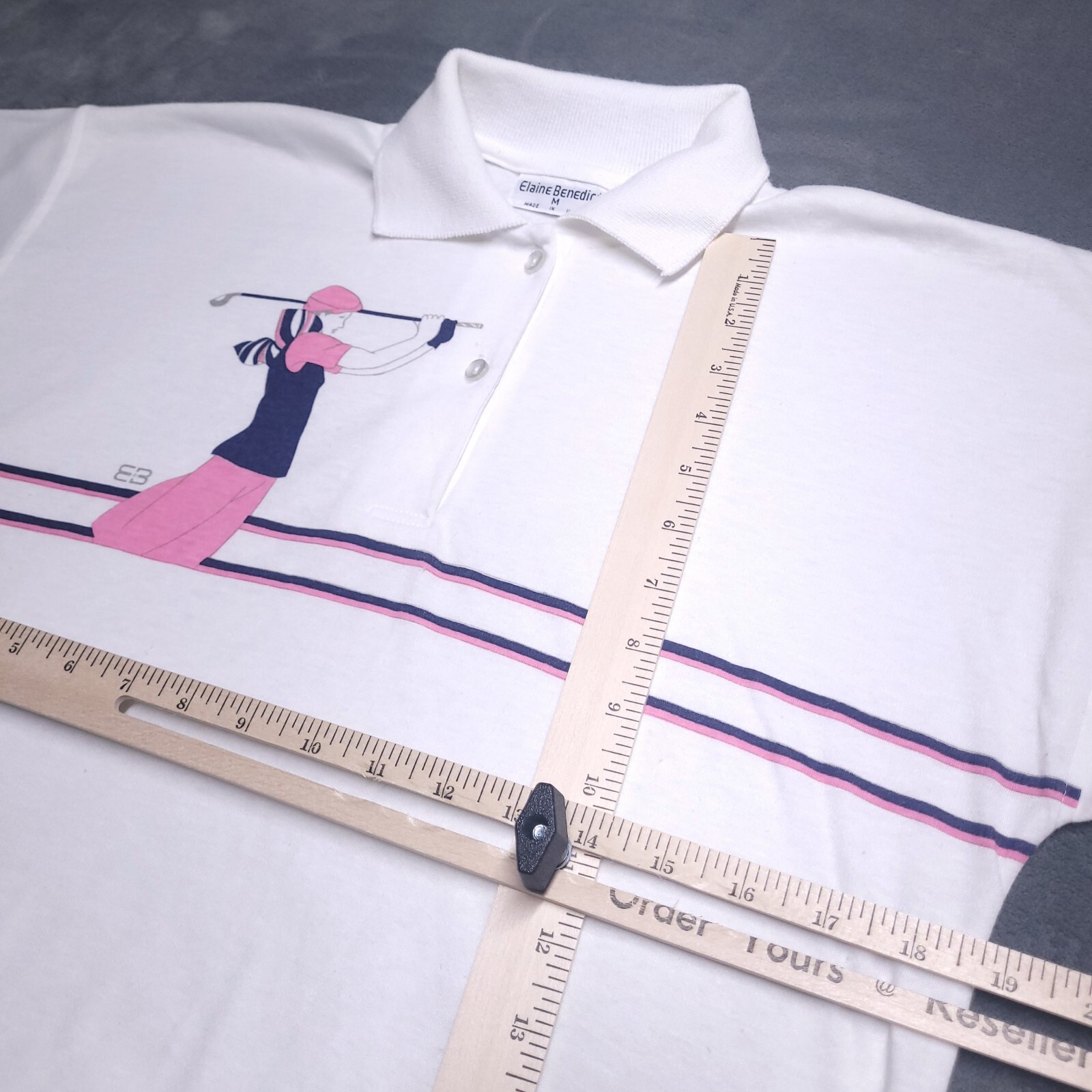 Vtg 90s Elaine Benedict Stylish Woman Golfer Polo Top Medium Made in USA