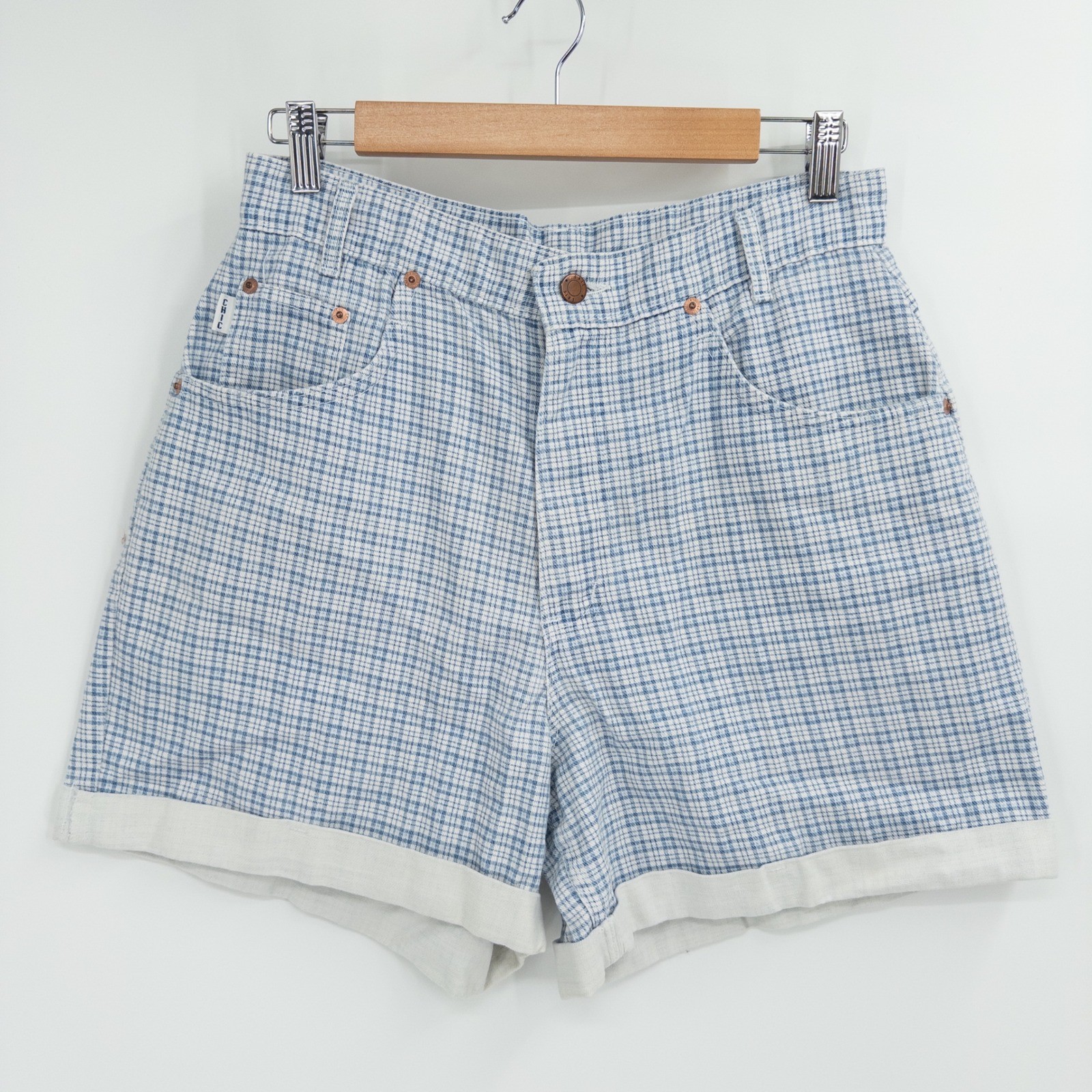Vintage 90s Plaid Mom Shorts Women 14 Blue High Waisted Miss Honey Butter Mom