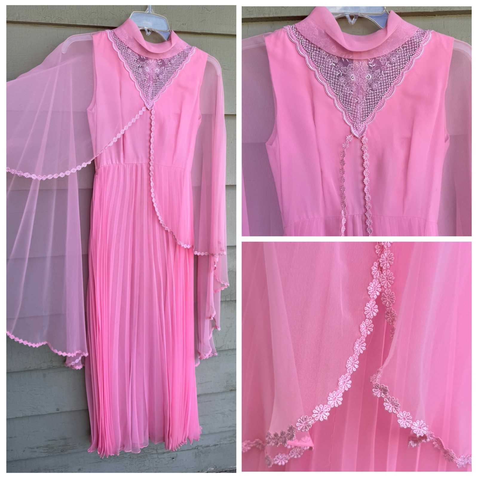 Vtg 60/70’s Bubble Gum Pink Dress Attached Cape 22” Lace Chiffon Evening Wear S