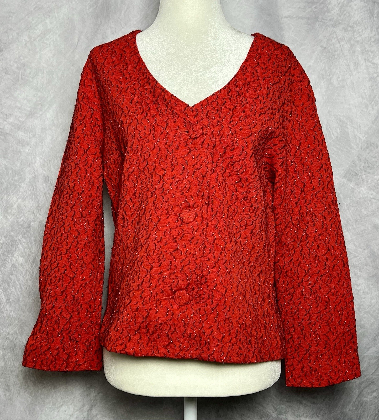 Vintage 1960s Kimberly Red Wool Cardigan Jacket w/ Black Metallic Thread Size M