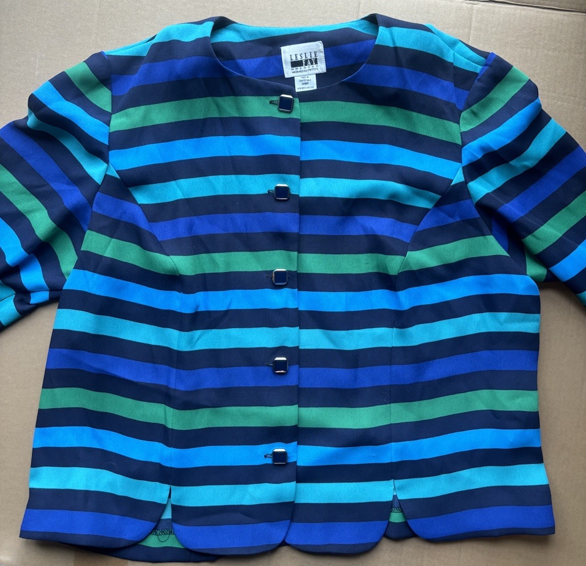80s Geometric Striped Top – Vintage LESLIE FAY, Blue Shades, Size 18WP