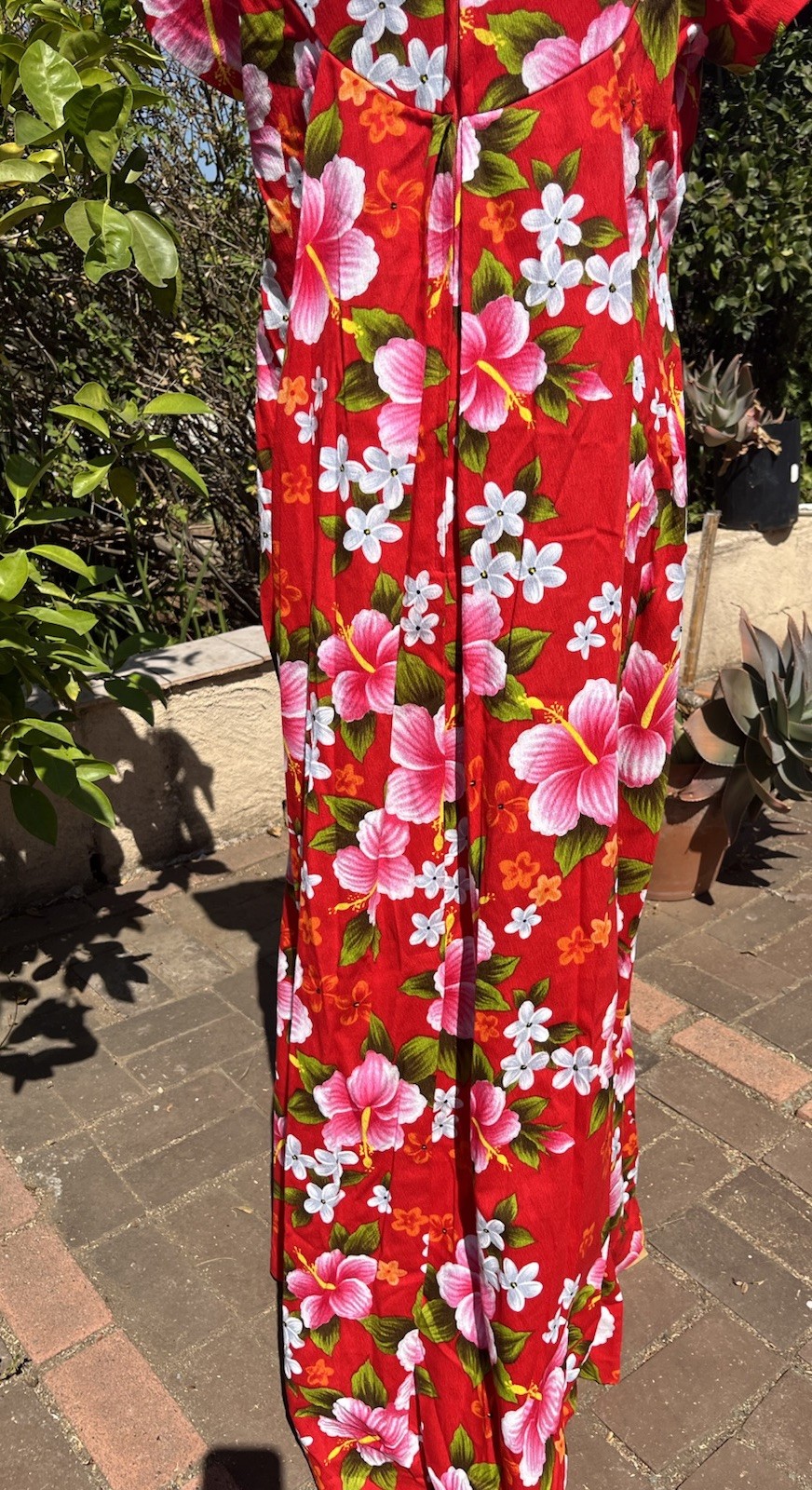 Vintage 60s 50s Ui-Maikai Red Hawaiian Maxi Dress Pink Hibiscus Floral Cotton LG