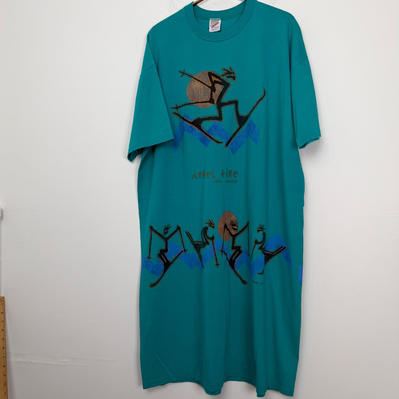 Vintage Jerzees Angel Fire New Mexico Skiing T-Shirt Dress Teal Nancy Halter OS