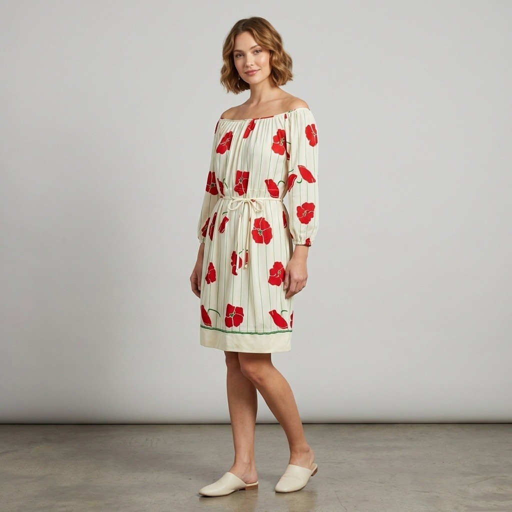 Vintage 70s Joan Leslie by Kasper Floral Poppy Print Belted Off-Shoulder Dress