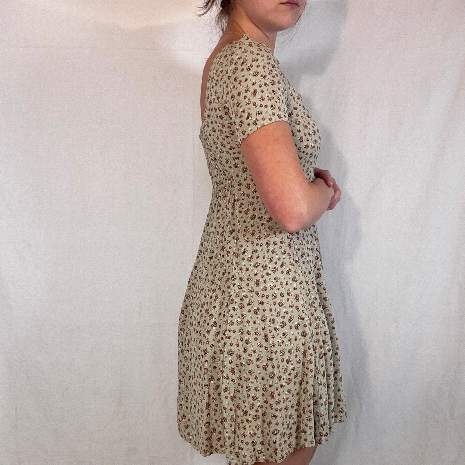 Vintage 1990s Ann Taylor Floral Mini Dress Green Bouquet Print Smocked Back 10P