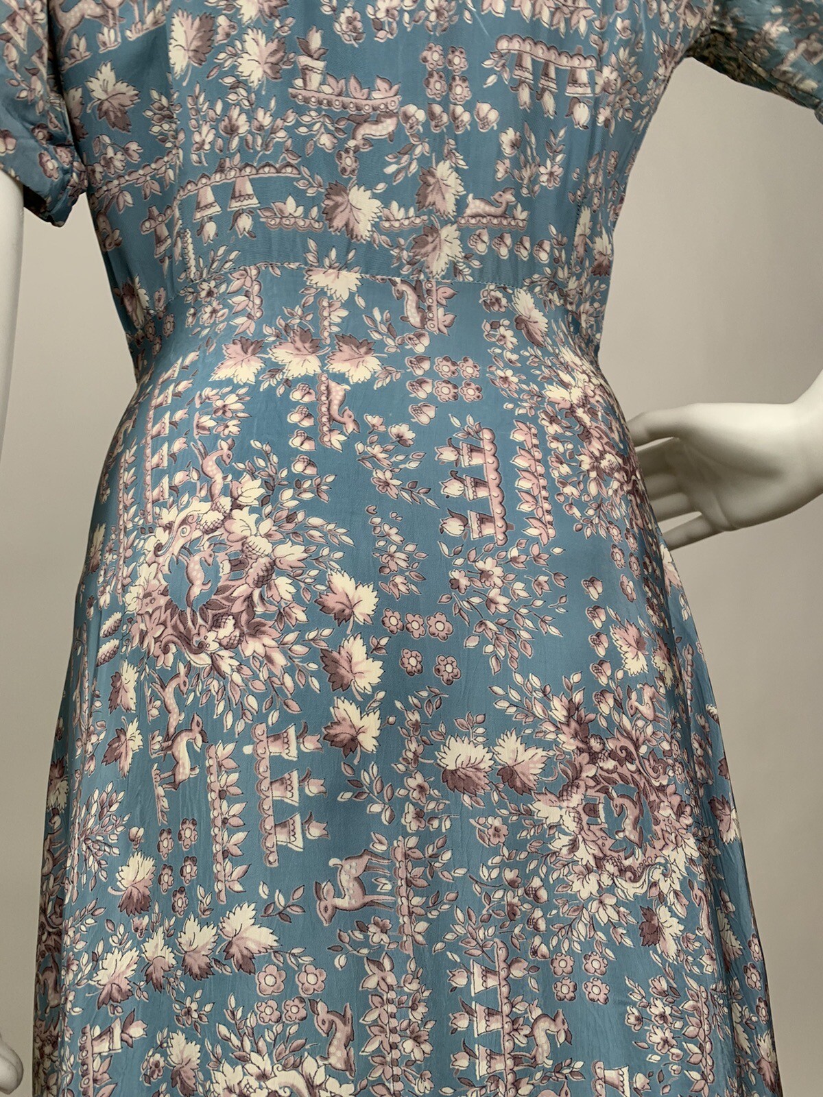 Vintage 1940s Rayon Novelty Print Shirtwaist Dress Deer Potted Flowers Blue Grey