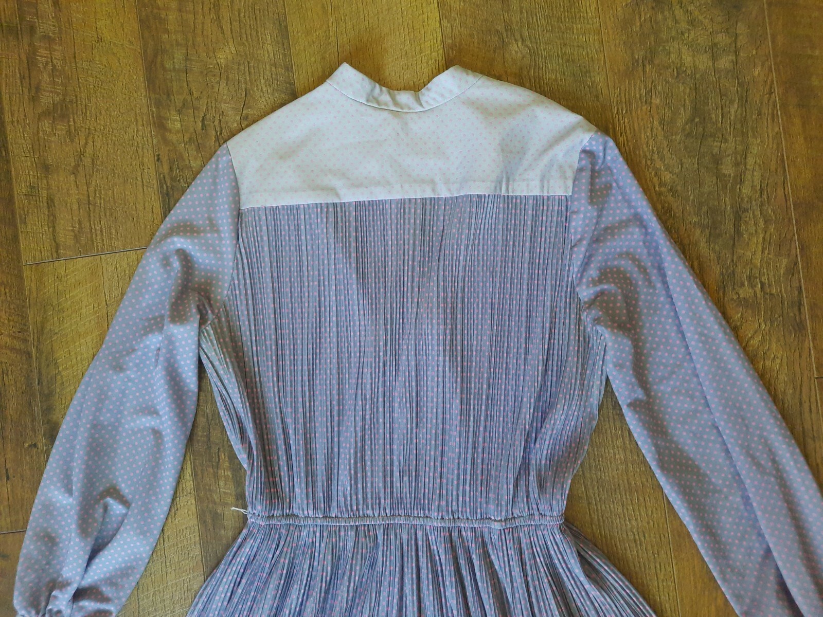 VTG Hal Ferman Midi Dress Women Size M Long Sleeve Gray Pink Polka Dots Pleated