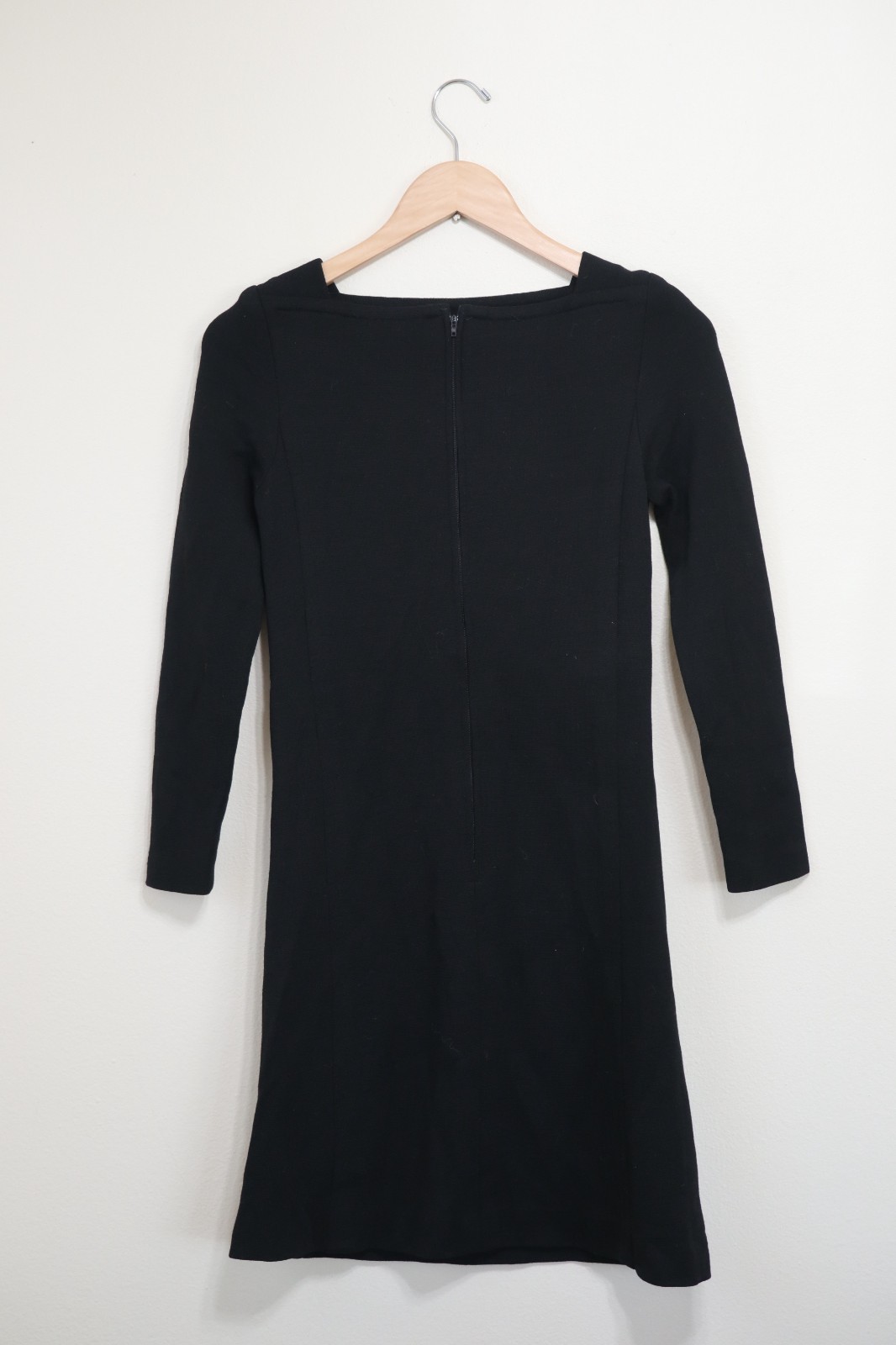 60s Vintage Black Knit Jersey Square Neck Long Sleeve Slim Shift Dress Women XS
