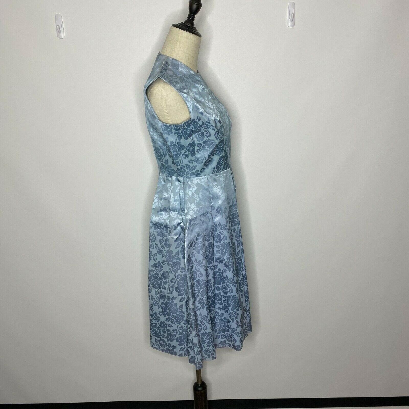 Vintage Hand Made A Line Pin Up Dress Womens XS Blue Satin Floral Mod 70’s