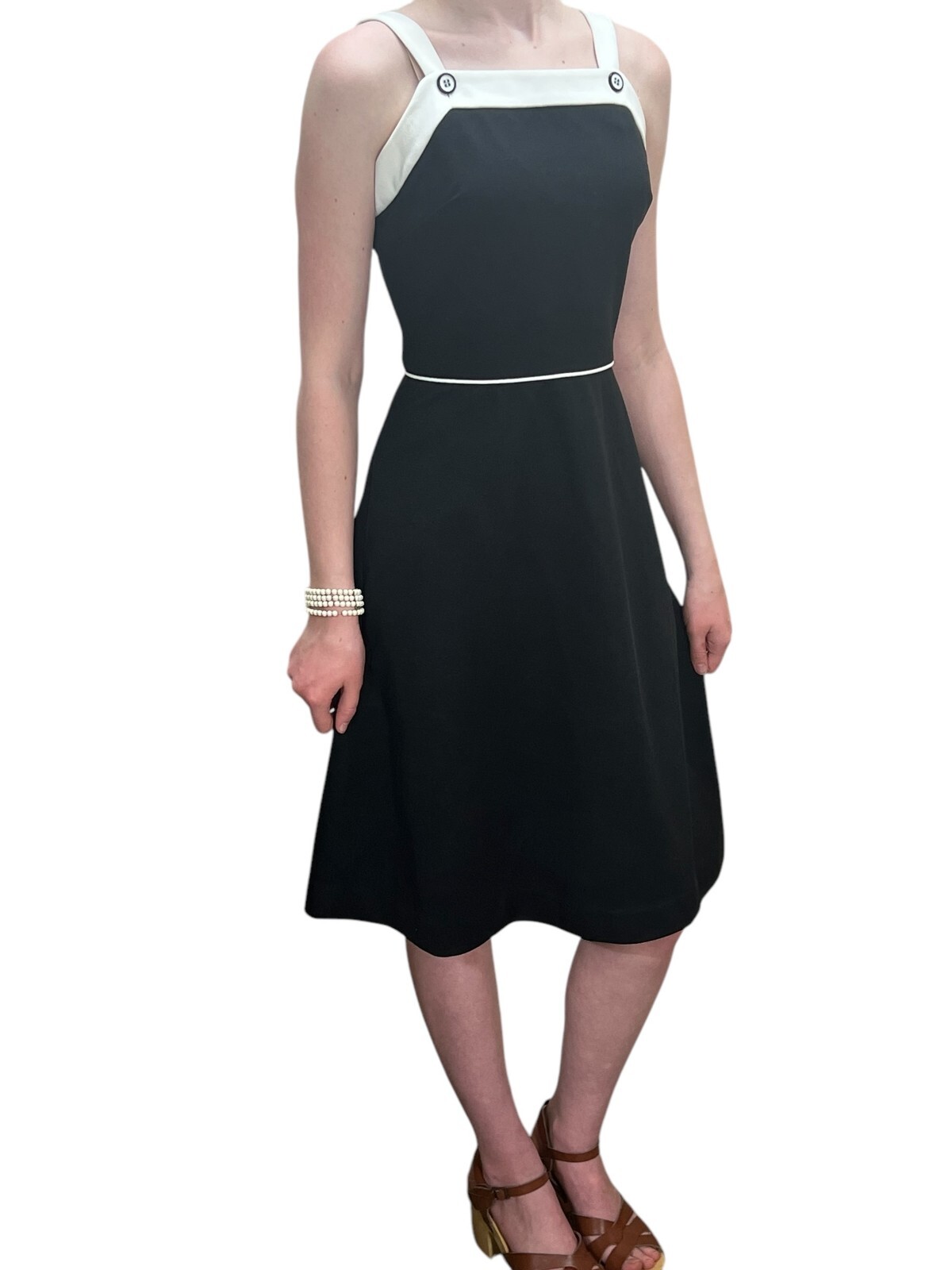 Vtg 70s Sz S Dress Black White Colorblock Fit Flare Polyester Knit Sundress