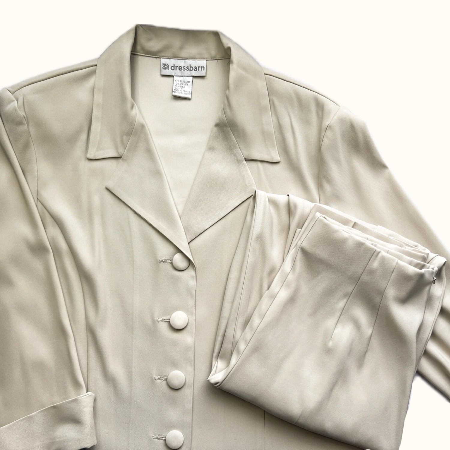 Vintage Dressbarn Beige Pant Suit Set Womens Medium Career Y2K Minimalist Office